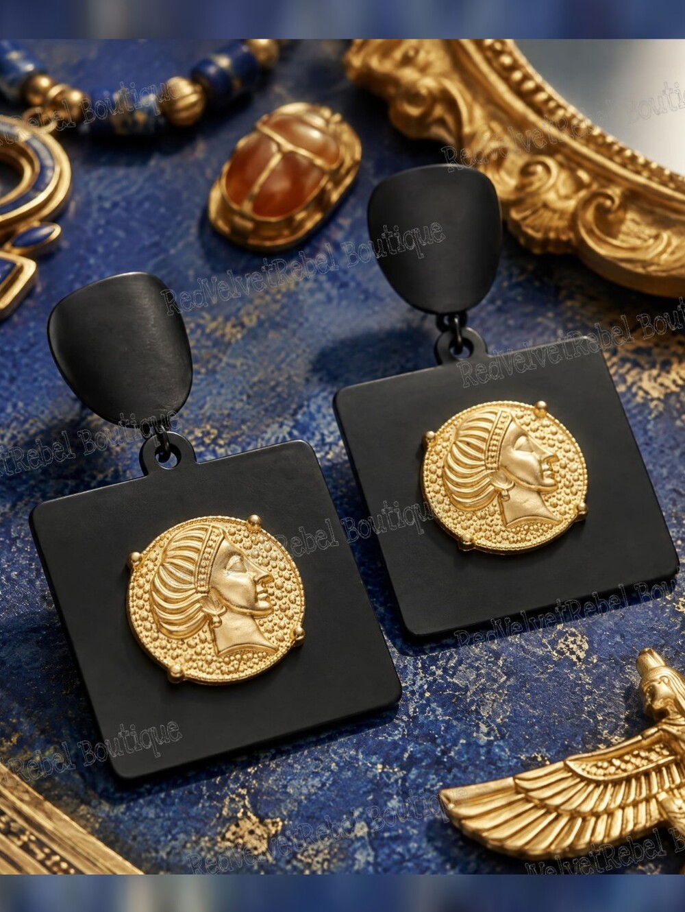 Vintage Egyptian Revival 14K Gold Coin Black Geometric Earrings
